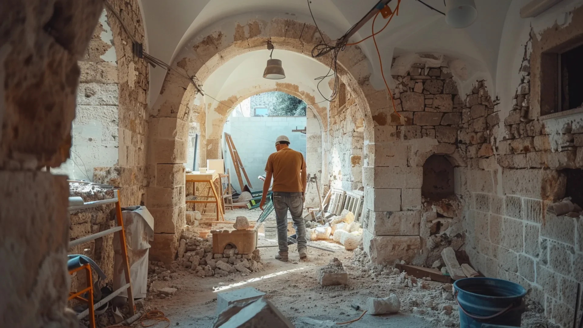 Builder renovating a traditional Puglian masseria farmhouse