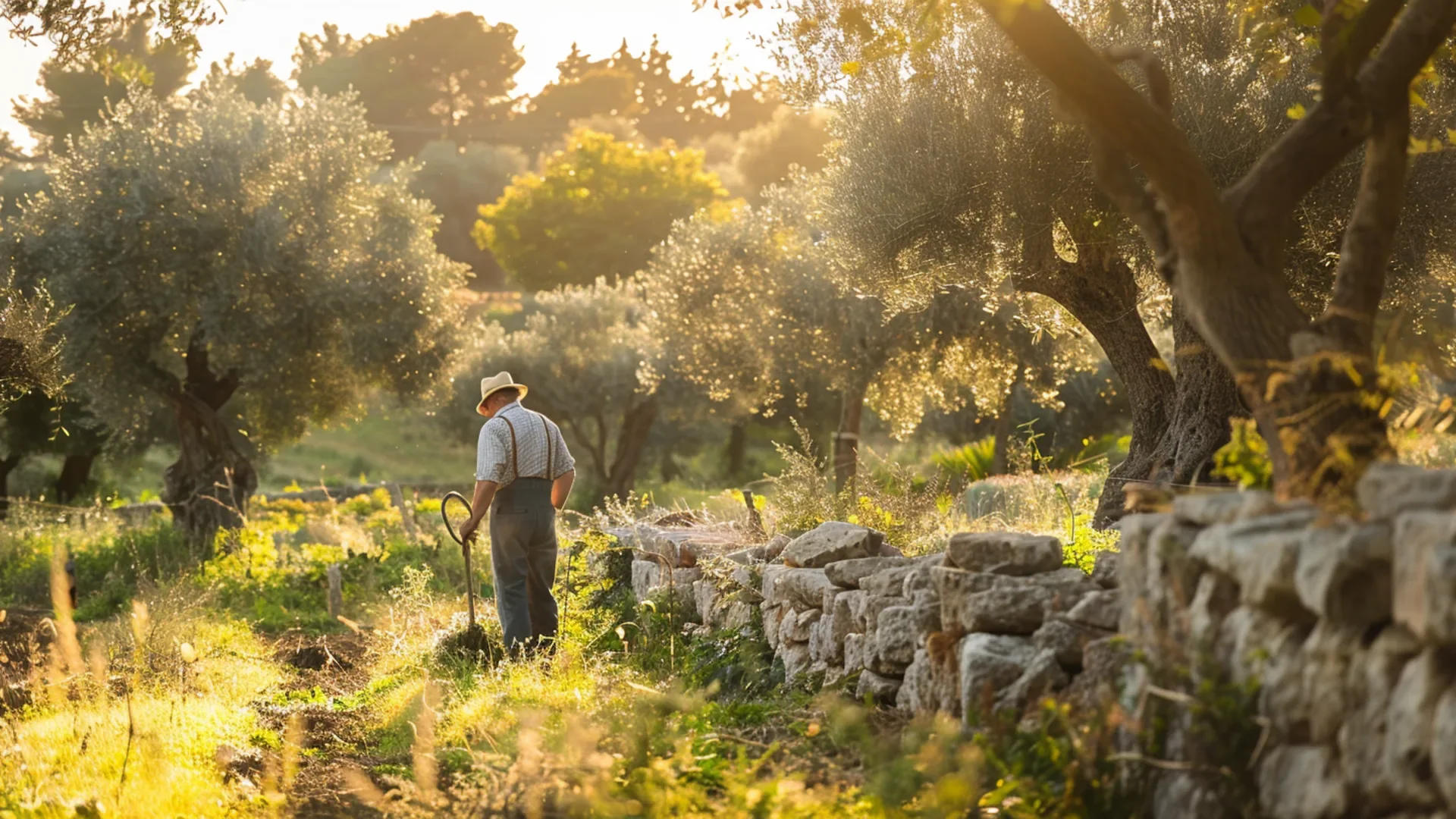Professional gardener caring for olive trees in beautiful Puglia countryside